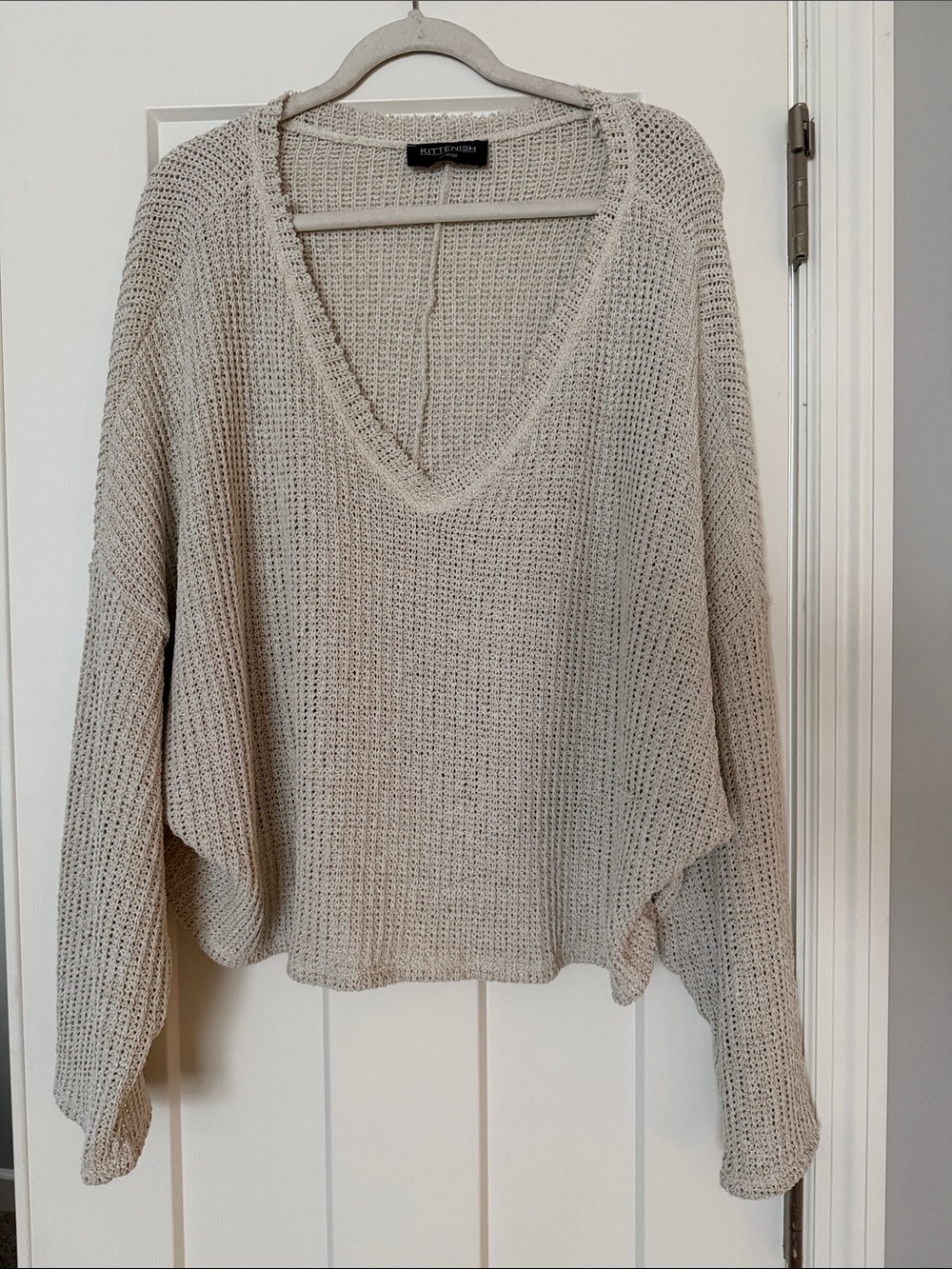 Kittenish Light Beige V-Neck Open Knit Sweater